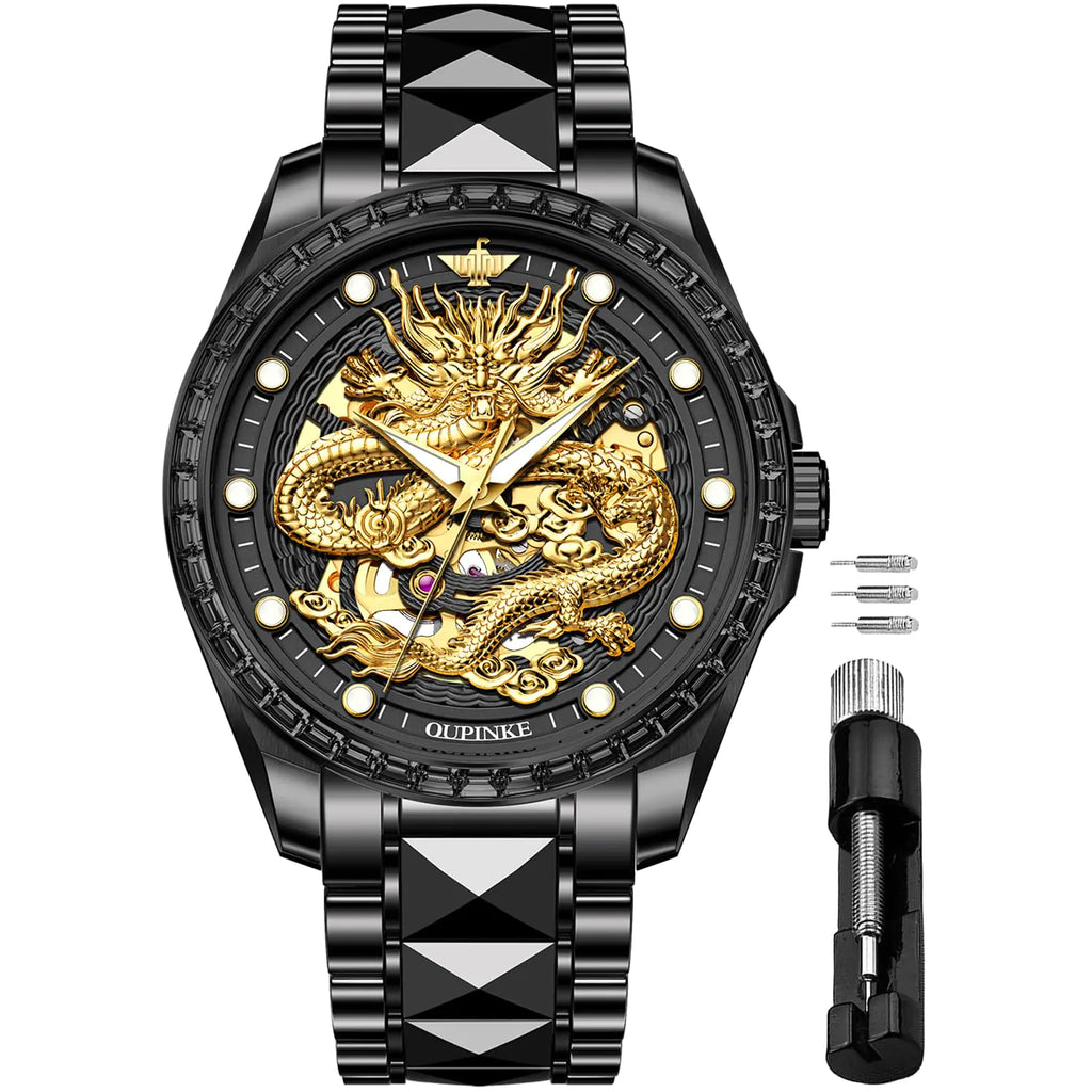 OUPINKE Black Gold Dragon Skeleton Mens Wrist Watches Luxury Dress Automatic Self Winding Mechanical Sapphire Crystal Diamond Waterproof Luminous Tungsten Steel Band Watches