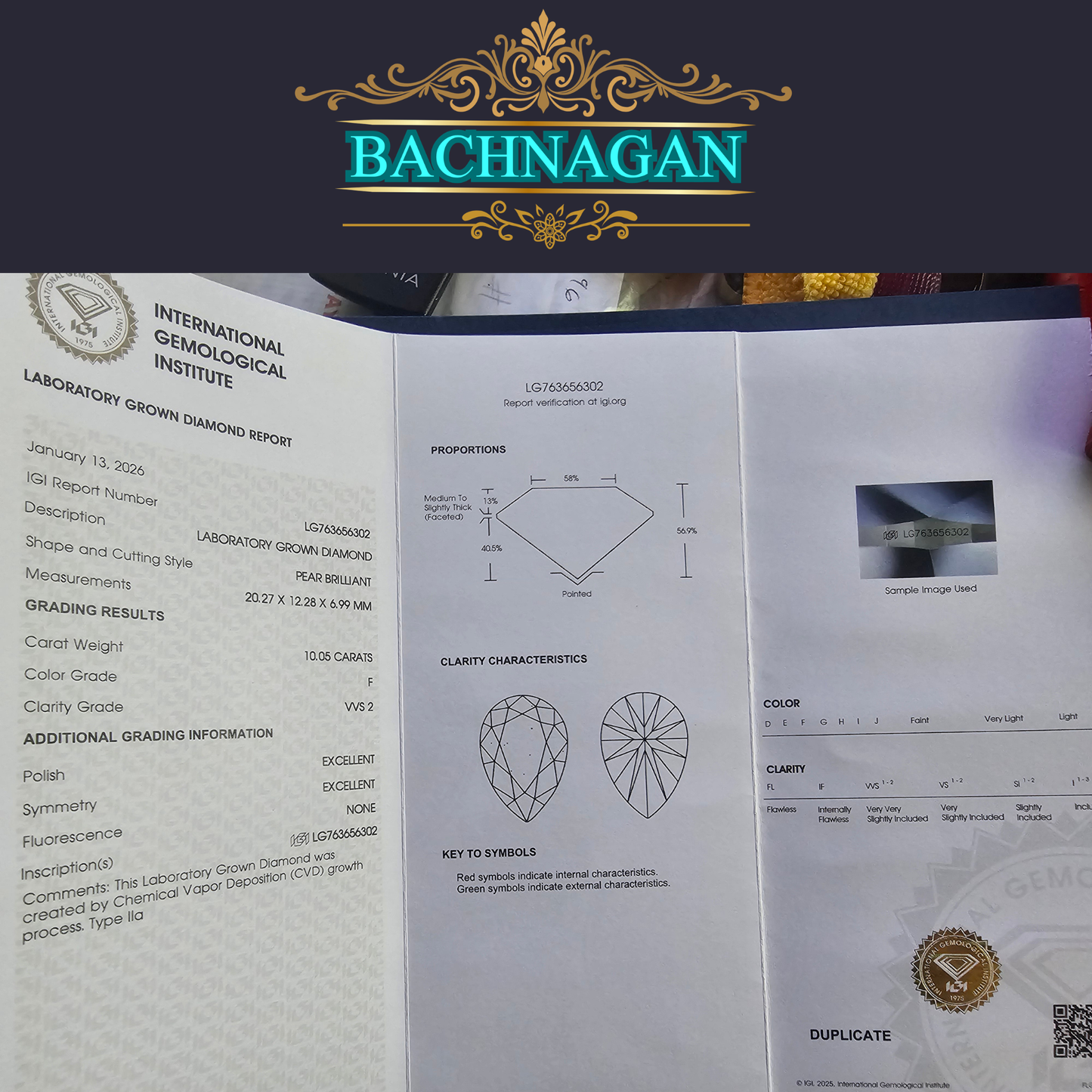 10.05ct F/VVS2 Pear Brilliant Lab Diamond | 18K White Gold | IGI Certified | LG763656302