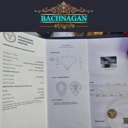 10.05ct F/VVS2 Pear Brilliant Lab Diamond | 18K White Gold | IGI Certified | LG763656302