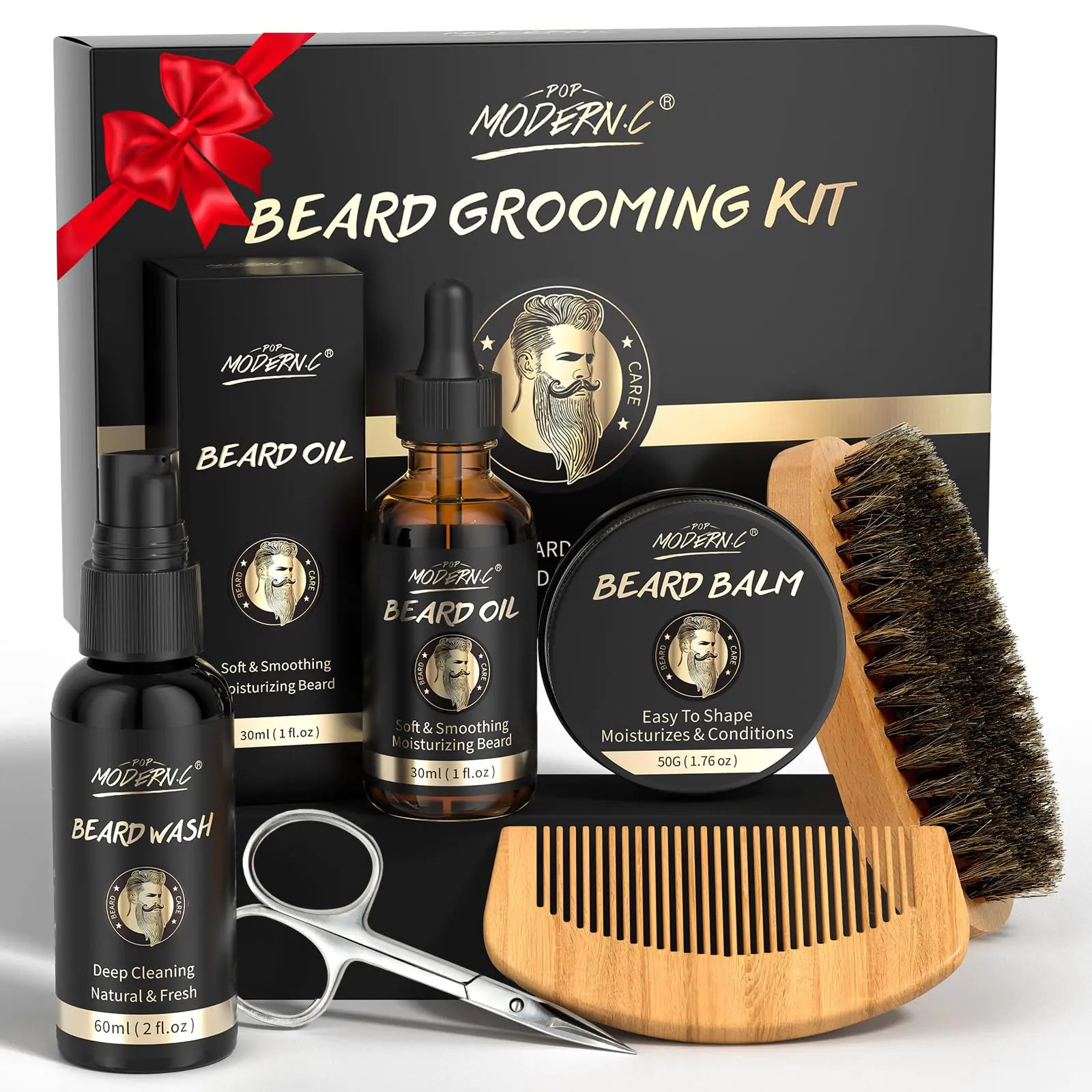 POP MODERN.C Beard Growth and Grooming Set - 6pcs Wash Shampoo Oil Balm Comb Brush Scissors - Best Gift for Men