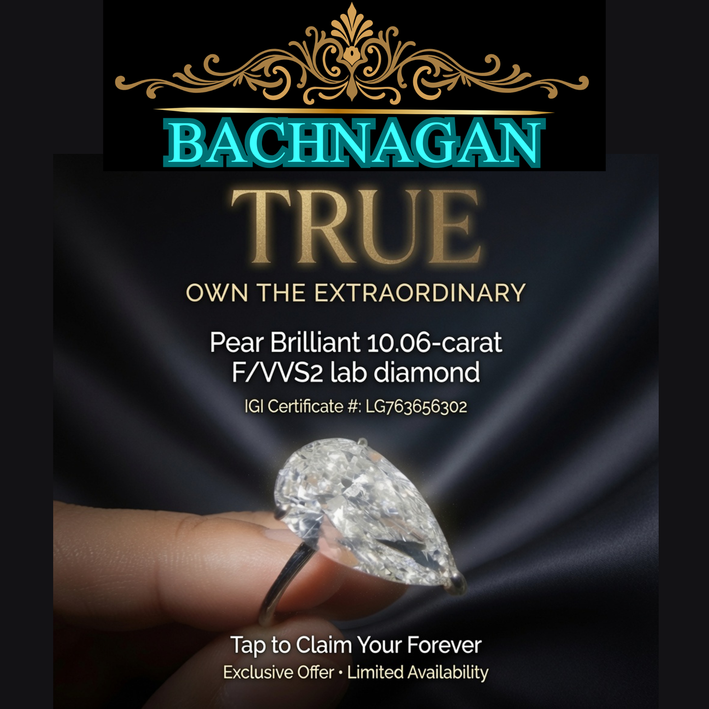 10.05ct F/VVS2 Pear Brilliant Lab Diamond | 18K White Gold | IGI Certified | LG763656302