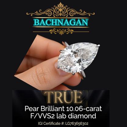 10.05ct F/VVS2 Pear Brilliant Lab Diamond | 18K White Gold | IGI Certified | LG763656302
