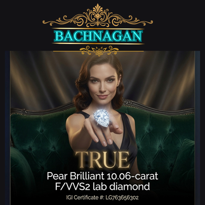 10.05ct F/VVS2 Pear Brilliant Lab Diamond | 18K White Gold | IGI Certified | LG763656302