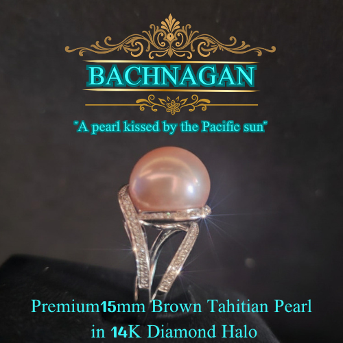 "A pearl kissed by the Pacific sun" - Premium15mm Brown Tahitian Pearl in 14K Diamond Halo