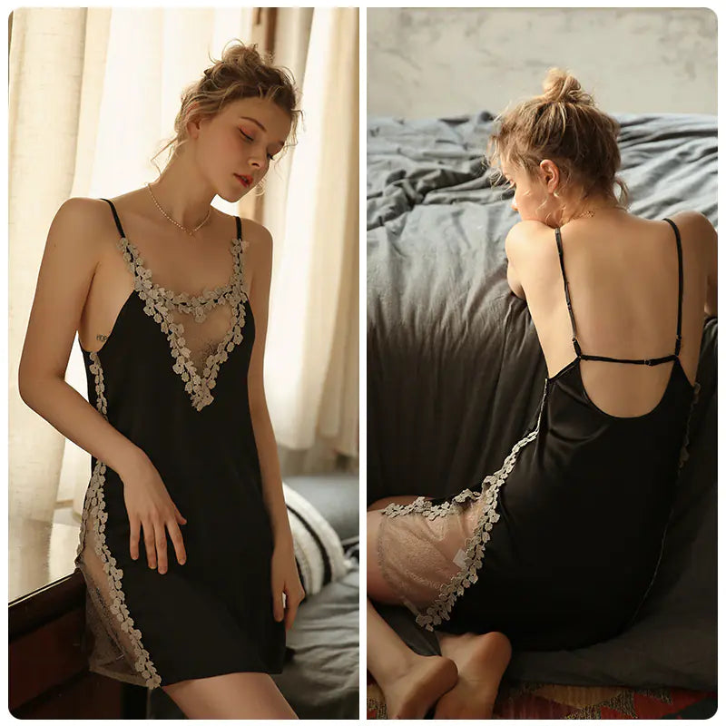 Lace Backless Sleep Dress with Side Slits (Fashion)