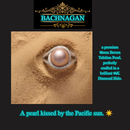 "A pearl kissed by the Pacific sun" - Premium15mm Brown Tahitian Pearl in 14K Diamond Halo